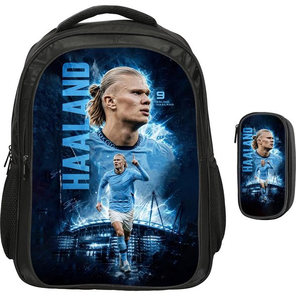 Mochila De Doble Capa Haaland Estrella Del FúTbol Set De 2 Piezas Mochila, Bolsas Para LáPices Deportivas Bolsas Escolares Mochila Escolar Para NiñOs Rucksack Gray-image