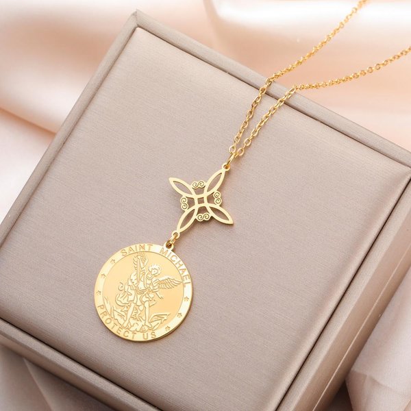 Wisiorek ArchaniołA MichałA Naszyjnik WęZeł Czarownicy Stal Nierdzewna Religijny Amulet Ochronny BiżUteria Beige-image