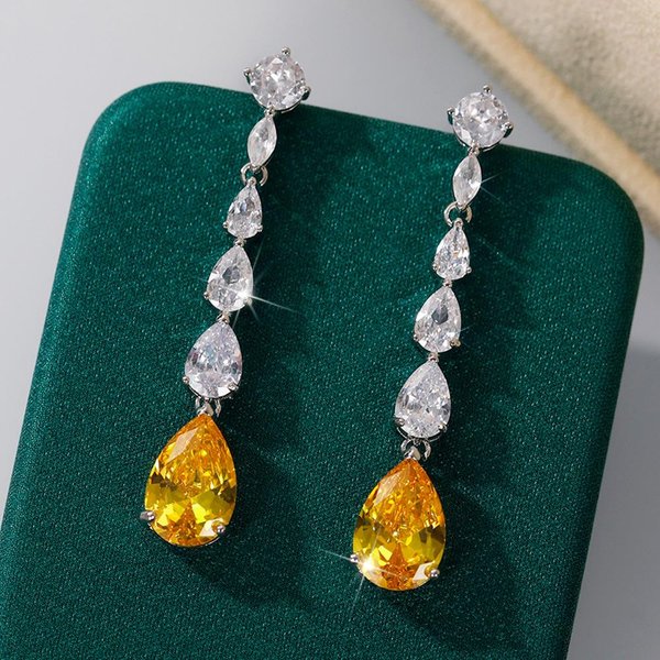 Pendientes Largos Huitan Con Circonita CúBica Amarilla Brillante, Accesorio RomáNtico Para Novias Y Bodas, JoyeríA De Lujo Para Mujer.-image
