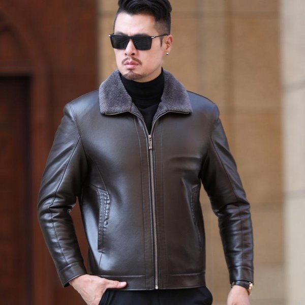 Chaqueta De Cuero De Papá Todo En Uno De Piel Suelta Chaqueta De Cuero Casual De Piel De Oveja Para Hombres Chaqueta Engrosada Para Hombres De Mediana Edad M-image