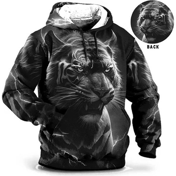 MęSka Bluza Z Kapturem 3D Tiger Printed Loose Designer Bluzy Wiosna Jesień DłUgie RęKawy Pullover 4XL Oversized Harajuku Y2K Odzież L Gray-image