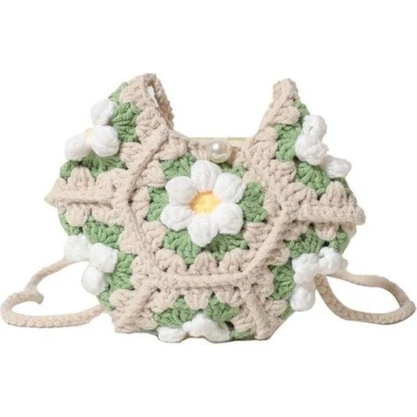 Bolso Bandolera Dulce Hecho A Mano De Ganchillo PatróN De Flores Hilo De Tela Bolso De Hombro Bolso De Axila Tejido White-image