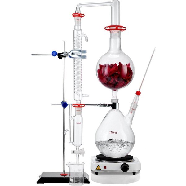 Kit De DestilacióN De Aceites Esenciales, Aparato De DestilacióN De 2000 Ml, Kit De DestilacióN De Vidrio De Laboratorio Boro 3.3 Con Placa Calefactora De 1000 W Y Junta 24, 40, 28-image