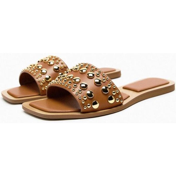 Casualowe Kapcie Letnie Buty Damskie Slajdy Modne Nitowe Klapki Wygodne Buty Na Plażę Damskie SandałY Na PłAskim Obcasie 37-image