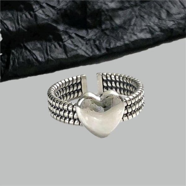 Nueva JoyeríA Retro Distressed Brillante En Forma De CorazóN Plata De Ley 925 Personalidad CorazóN Cadena Trenzada Anillos Abiertos R660 Gray-image