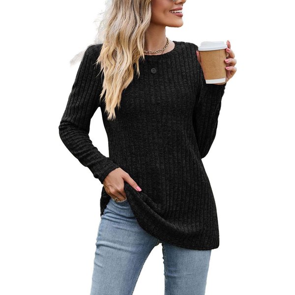 Blusas Y Camisas Casuales De Moda Para Mujer Jpntky Estampado De Color SóLido Manga Larga Cuello Redondo L Black-image