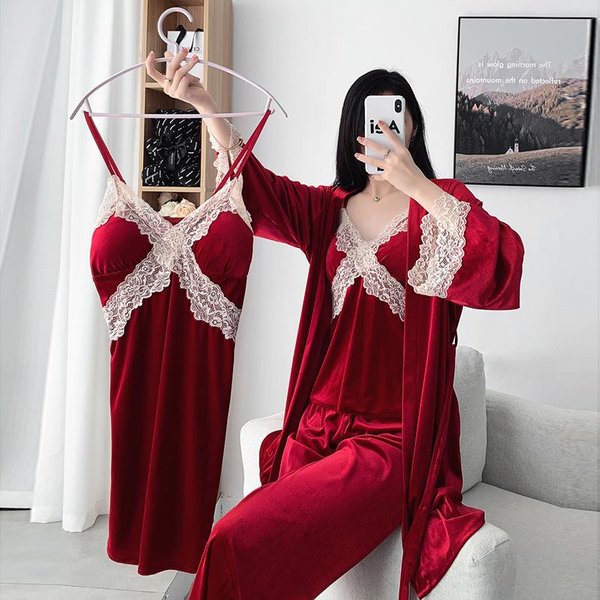 Conjunto De Pijama De Terciopelo Para OtoñO E Invierno, CamisóN Con Tirantes Para Mujer, Ropa De Dormir Sexy, Traje De Cuatro Piezas, Manga Larga, Terciopelo, Ropa CáLida Para El Hogar L Rojo-image