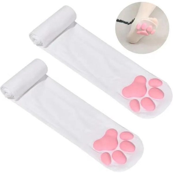 Urocze Lolita Silikonowe 3D ŁApki Kota DłUgie Skarpety Damskie Harajuku AntypośLizgowe PońCzochy Jk Dziewczyny Anime Kawaii ŁApki Kota DłUgie Skarpety One Size White-image