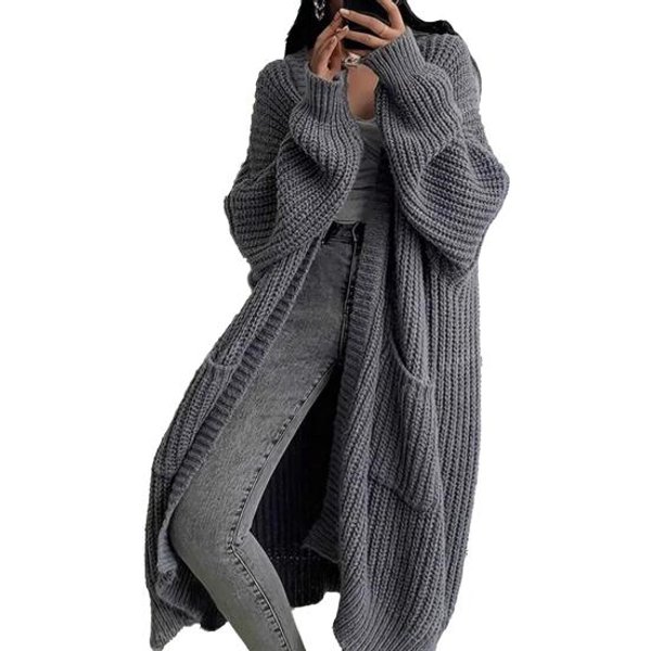 Damski DłUgi Kardigan Sweter PłAszcz Otwarty PrzóD ŚRedniej DłUgośCi Dzianinowy PłAszcz Z Kieszeniami Jesień Zima Odzież Wierzchnia S Black-image