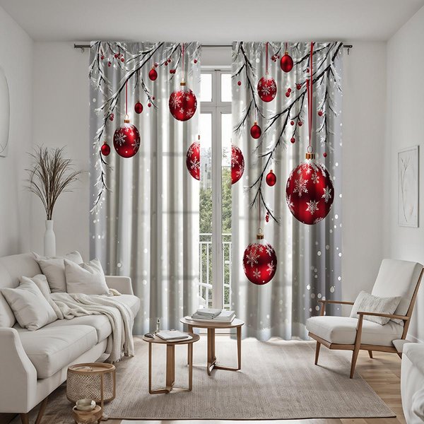 2 Piezas HD Escena De Navidad Nieve Bola Roja Gota Cortina Decorativa Lazo Blanco Cortina Impresa Digitalmente DecoracióN Estilo Hogar Decorat W52H63Inchw132H160Cm-image