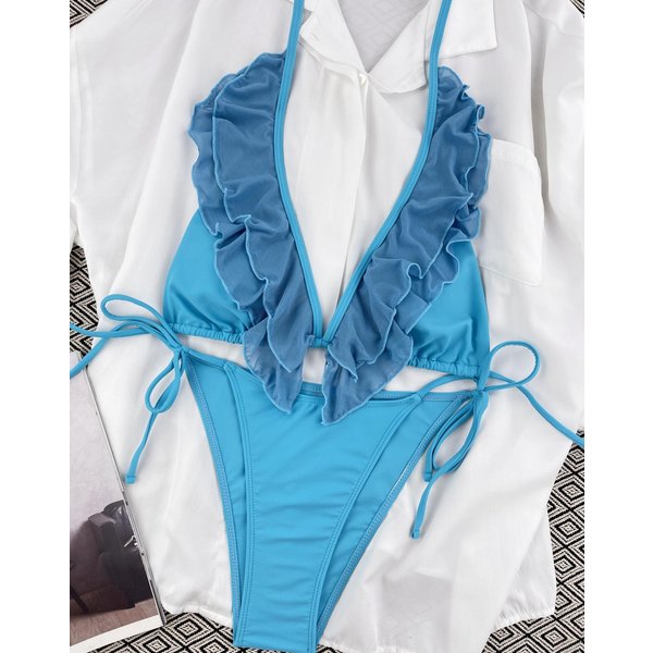 Seksowne Damskie Stroje KąPielowe Jednolity Kolor Halter Neck Wzburzone WiąZane Po Bokach Zestawy Bikini Kostiumy KąPielowe Kostiumy KąPielowe M Niebieski-image