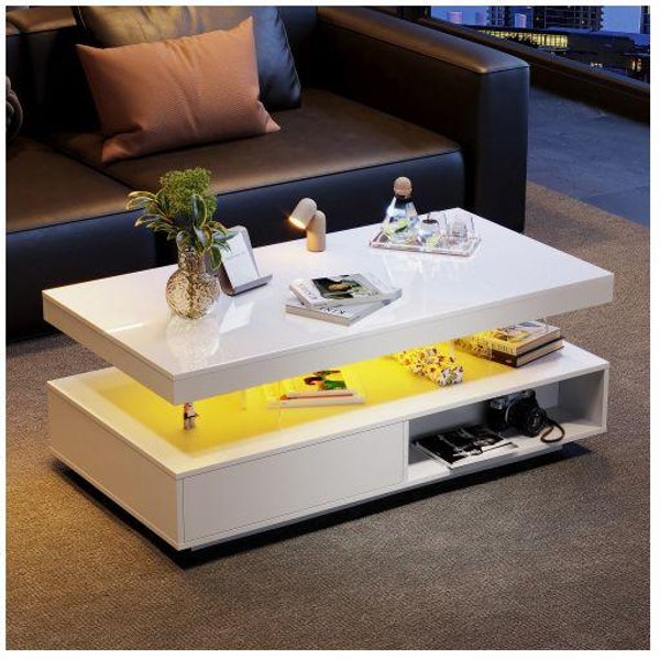 Mesa De Centro - Muvoe - 95X50X42,5 Cm - 4 Tableros De Cristal - 2 Cajones - Blanco Brillante Blanco-image