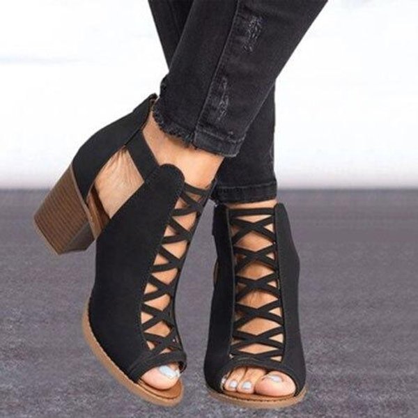 Damskie SandałY Na Kwadratowym Obcasie Peep Toe Hollow Out Masywne SandałY Gladiatorki Z Paskiem Czarne Wiosenne Letnie Buty Hvt791 36 Czarny-image