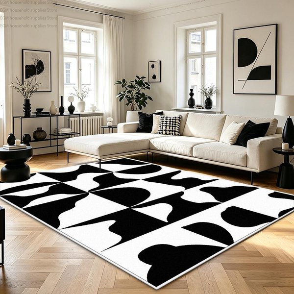 Czarno-BiałY Nowoczesny Nordycki Abstrakcyjny Geometryczny Dywan Salon Dekoracja Domu DużY Dywan MięKki AntypośLizgowy Sypialnia Zmywalna Mata PodłOgowa 1.9X2.9Ft(60X90Cm)-image