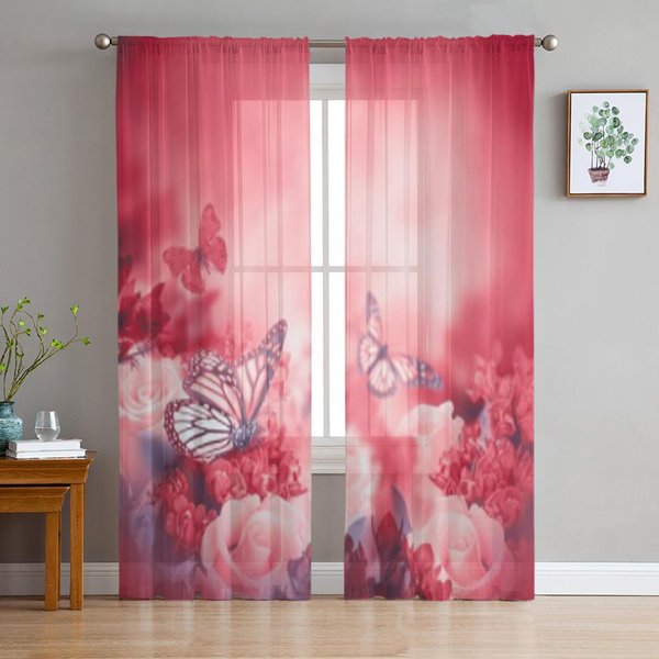 Cortinas Transparentes De Tul Rojo Y Rosas Amarillas Para DecoracióN De Sala De Estar, Cortinas Para HabitacióN, Dormitorio, Cocina, Cortinas De Gasa De Organza 135W X 114H(Cm) Pink-image