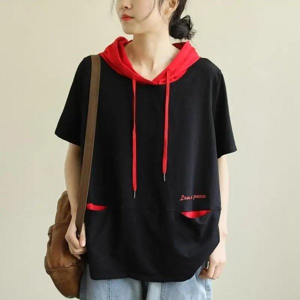 Jersey 100% De AlgodóN Liso Con Bolsillo Para Mujer, Sudadera Holgada Con Capucha, Sudadera De Manga Corta Con Capucha Roja Y Negra 3XL Negro-image