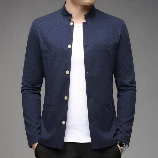 Abrigo Casual Para Hombre Con Cuello Mao, Chaqueta Ajustada Estilo Mao L Blue-image