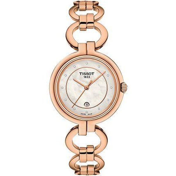 Tissot Serie Flamingo Movimiento De Cuarzo Biselado Con Diamantes Calendario Resistente Al Agua Oro Rosa Reloj Casual Elegante 26Mm Esfera De NáCar T094.210.33.116.01 Basic Set (Wrist Watch+Watch Box),Rose Gold Strap-image