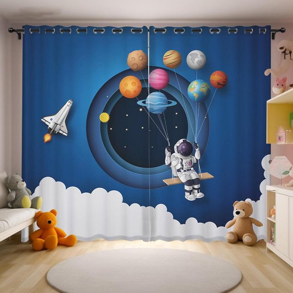 Cortinas Con Tema De Dibujos Animados De Astronauta, Cohete PequeñO, Globos De Colores, Un Juego De Dos, Cortinas Para Dormitorio Infantil 70W165H(Cm)X2Pcs&Grommet Top-image