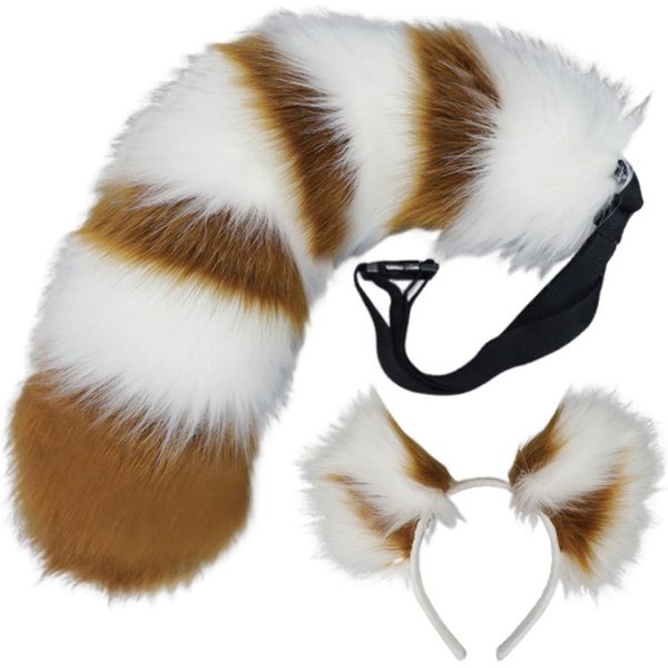 Nuevo Set De Orejas + Cola De Piel SintéTica Mapache Zorro Diadema Animal Cola Accesorios De Disfraz De Halloween Anime Diadema Cosplay-image