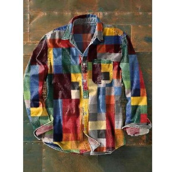 MęSka Koszula Z DłUgim RęKawem I Guzikami, Z Nadrukiem W Stylu Retro W Blokach KoloróW Xxl-image
