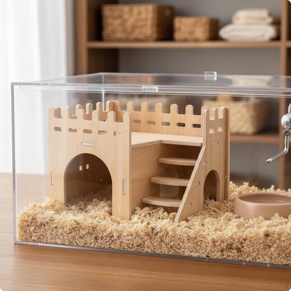 Drewniany Domek Dla Chomika Przezroczysta Akrylowa Klatka Akcesorium Drewniana Willa Dla ZwierząT Dla ChomikóW Syryjskich, Beige-image