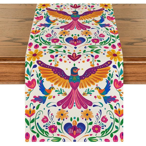 MeksykańSki Floralny Ptaki Dzień ZmarłYch Len Obrus Biegacz Fiesta Dekoracja Wielokrotnego UżYtku Dia De Los Muertos Obrus Na Stół Jadalny Dekoracja Imprezowa 150X33Cm-image