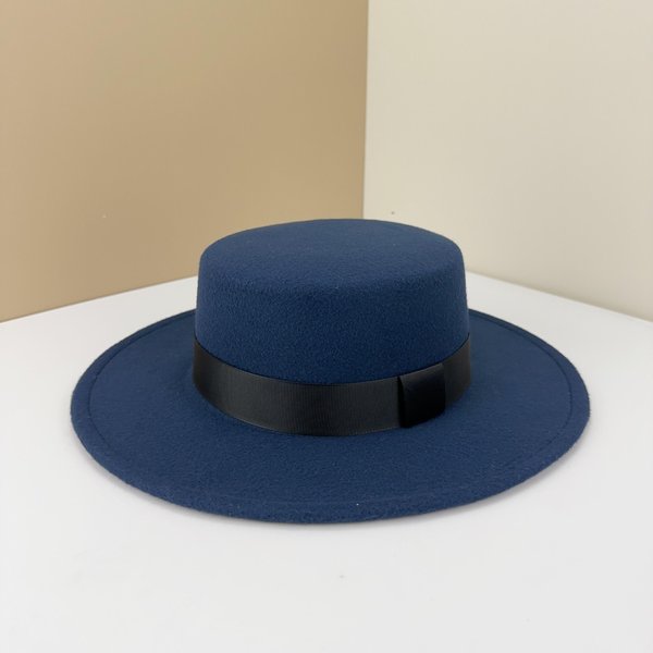 Sombrero De Copa BritáNico Negro Sombrero De Copa Plano Hepburn Caballero Sombrero De Jazz Ala Plana Lana Ala Ancha Sombreros Para Hombre Y Mujer Adjustable M (56-58Cm) Azul Marino-image