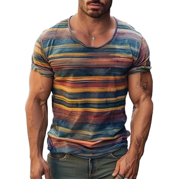 Camisetas GráFicas De Rayas Retro Para Hombre Moda Verano Manga Corta Camisetas Impresas En 3D Tendencia Streetwear PulóVeres Oversize Camisetas 3XL Brown-image
