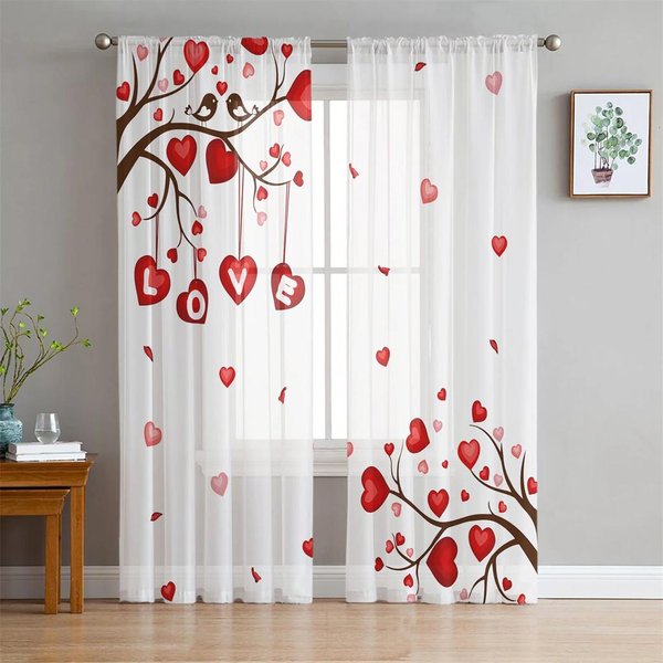 Cortinas De Tul Rojas Con Corazones Y Flores Para San ValentíN, Visillos Transparentes Para Sala De Estar, Dormitorio, DecoracióN Del Hogar (2 Piezas) W50X130H(Cm)X2Pcs&Hook-image