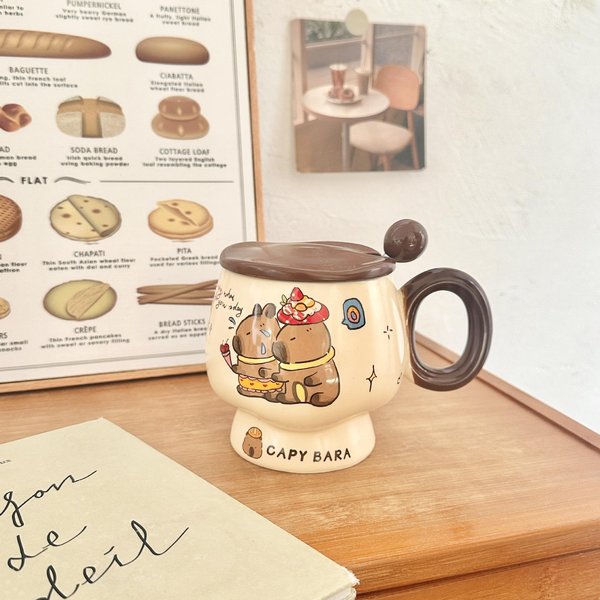 Uroczy Kubek Kapibara Z Pokrywką I łYżEczką, Ceramiczny Kubek O Wysokiej Precyzji, Domowy Kubek Do Kawy, Praktyczny Prezent Urodzinowy 301-400Ml-image