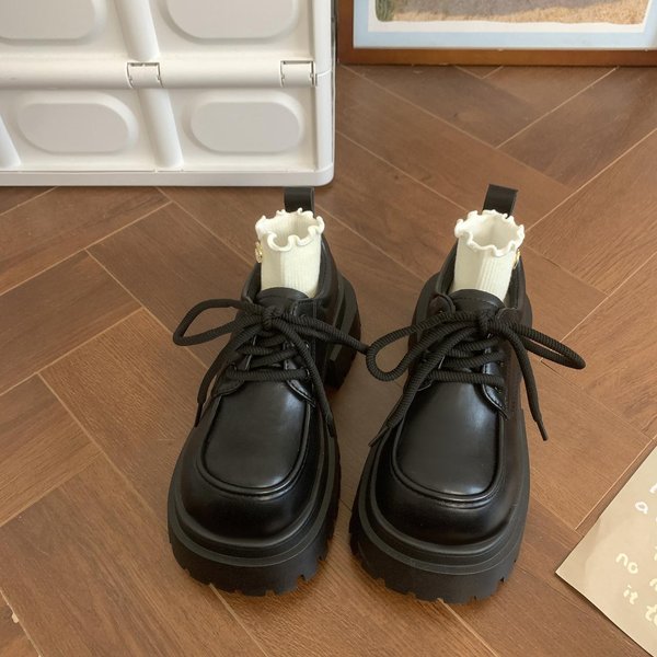 Nowe Sznurowane Mokasyny Na Grubej Podeszwie Retro SkóRzane Buty Damskie Pojedyncze Buty Mary Jane PłAskie Buty Damskie Luksusowe Buty Projektanta Zapatillas 38 Czarny-image