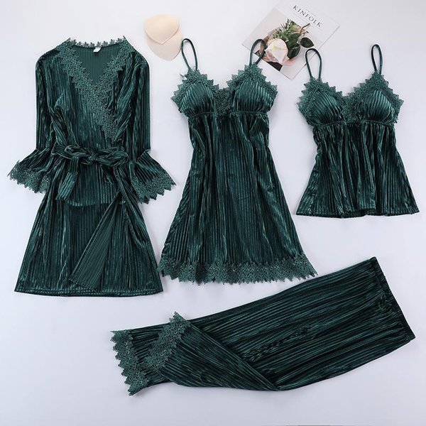 OtoñO Invierno Terciopelo 4 Piezas Pijama Bata De BañO Kimono CamisóN Ropa De Casa Ropa Para Dormir LenceríA ÍNtima Femenina Conjunto De Bata Sexy L Gray-image