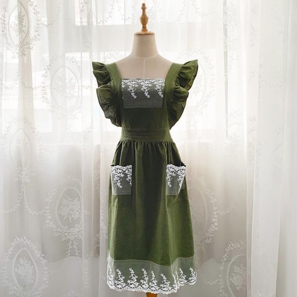 Delantales De Cocina De Encaje De Lino De AlgodóN Lavado Tienda De Flores JardíN Volantes Trabajo Delantal Limpio Para Vestido De Mujer White-image