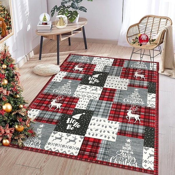 ŚWiąTeczny Dywanik Mata Czerwono-Zielona Kratka Patchwork Z Reniferami WesołYch ŚWiąT HO HO HO Tekst Mata PodłOgowa Do Dekoracji Domu 50X80Cm-image