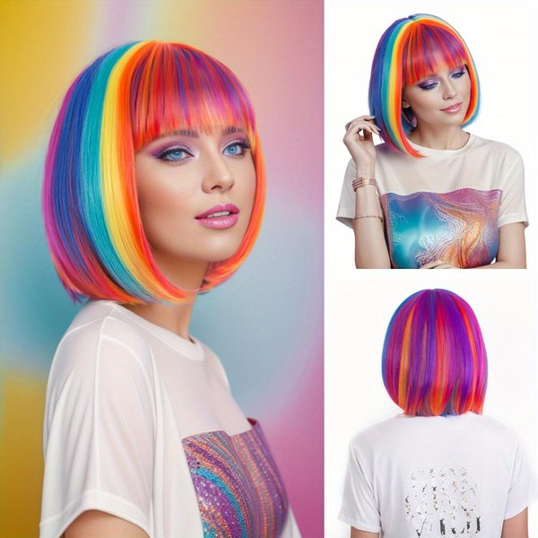 Peluca ArcoíRis Multicolor Peluca Bob Corta Con Flequillo Peluca SintéTica Recta Para Cosplay Para Mujeres NiñAs Varios Colores-image