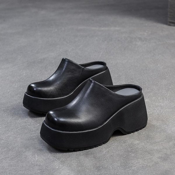 Johnature Grube Podeszwy Koturny Kapcie Retro SkóRzane Jednokolorowe Damskie Buty Platformowe 34 Czarny-image