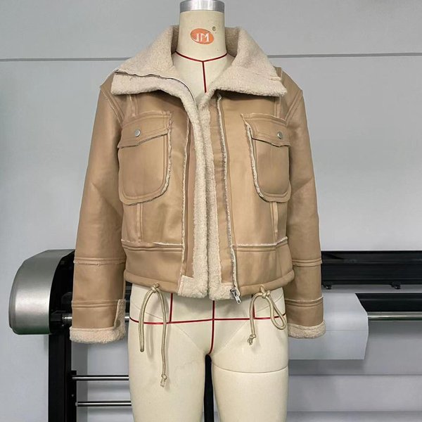 Kurtka Ze Sztucznej SkóRy Damska PU KróTki Gruby CiepłY Czarny PłAszcz Damski Pilot Retro Klapa Aksamitny PłAszcz Zimowy Top Damski M Khaki-image