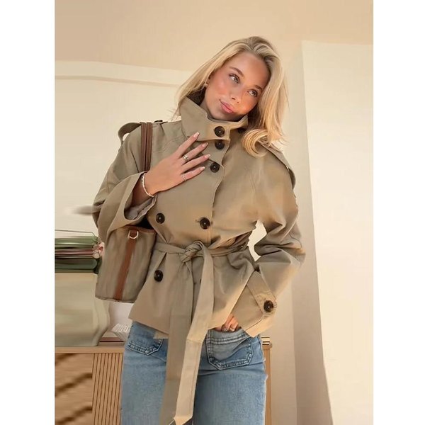 KróTkie Kurtki Trenczowe Z Paskiem W Talii Damskie DwurzęDowe PłAszcze Z KołNierzem StojąCym Jesienny Szyk Codzienny Vintage Kurtka Damska Tkanina XL Beige-image