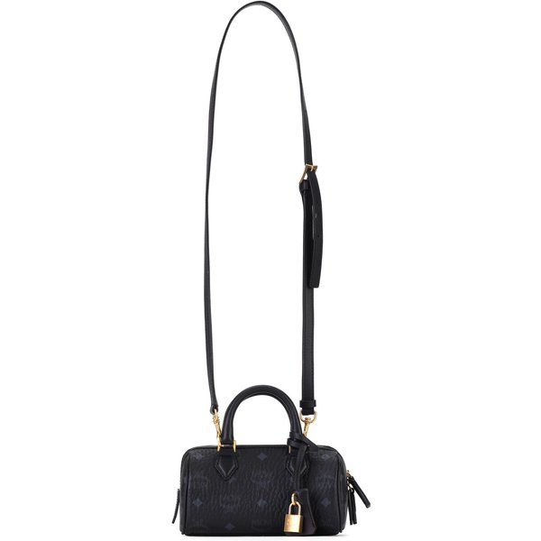 Mcm Ella Monogram Print ZłOty Zamek Wisiorek PłóTno I SkóRa Torba Boston Mini Torebki Damskie Czarny MWBESEA01BK001 Basic Set (Bag+Dust Bag)-image