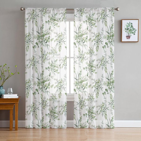 Cortinas Transparentes De Voile De Bambú Con Hojas De Eucalipto De Primavera Para Ventana De SalóN, Cortina De Tul ChifóN Para Cocina, Dormitorio, Cortinas, DecoracióN Del Hogar 135W X 114H(Cm) White-image