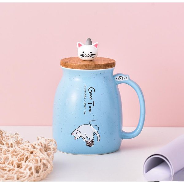 Uroczy Ceramiczny Kubek Z KreskóWkowym Kotem I Pokrywką, DużA Pojemność, Domowy Kubek Do Kawy I Mleka 401-500Ml-image