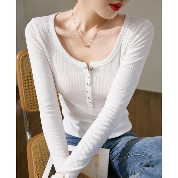 Camisa BáSica De Botones Para Mujer Para OtoñO E Invierno Nueva Camiseta Slim Para Exterior Y Camiseta De Manga Larga Cuello Redondo Cuerpo Ajustado XXL White-image