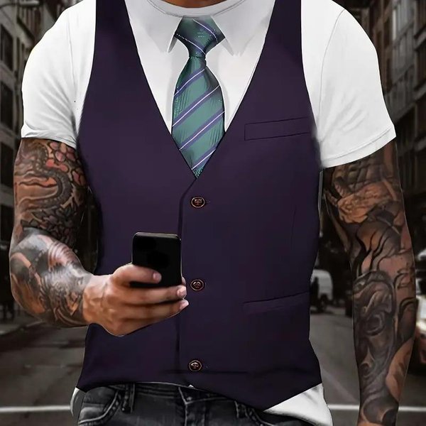 Camiseta Lisa De Manga Corta Con Estampado De Traje Y Corbata En 3D Para Ropa De Moda Masculina, Tops Streetwear De Alta Calle 4XL Black-image