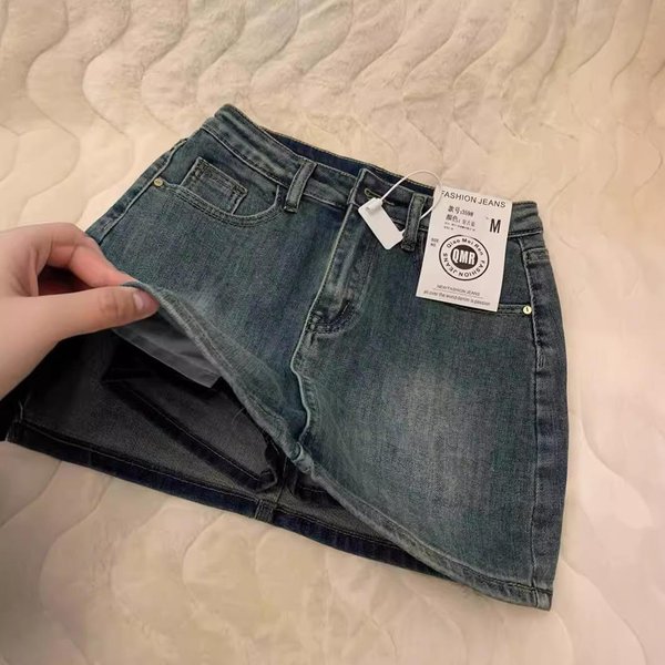 Falda Corta De Mezclilla Retro Para Mujer En Verano Nueva Falda Slim De Cintura Alta Con LíNea A Falda AntiexposicióN Que Cubre Las Caderas M Gray-image