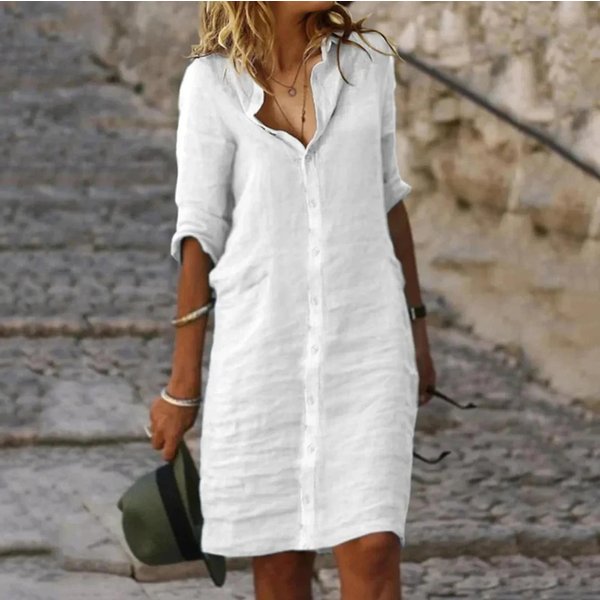 Letnia BawełNiana Lniana Sukienka Koszulowa Damska Guziki PółRęKaw Swobodne Mini Sukienki Damskie Eleganckie LuźNe PlażOwe Sukienki Imprezowe Vestidos S BiałY-image