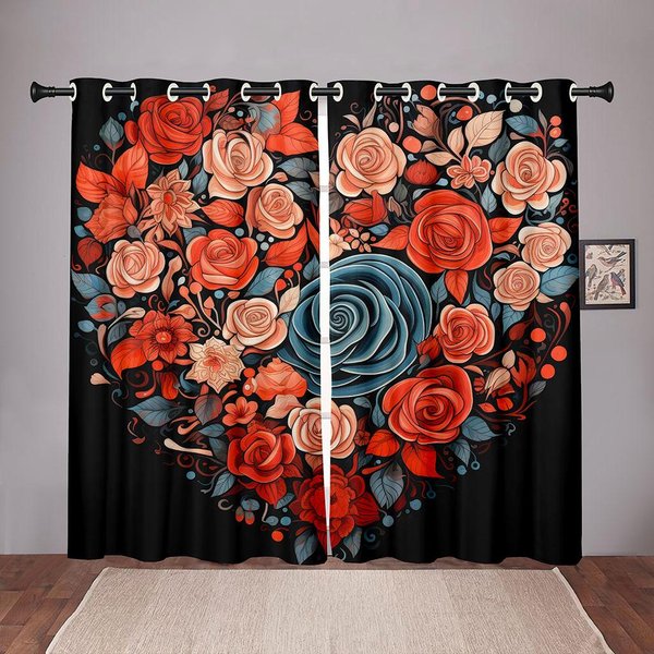 Cortinas De CorazóN De Amor Con Rosas Vintage De 2 Piezas DecoracióN Para San ValentíN PatróN Floral Rojo Sala De Estar Dormitorio Cocina BalcóN Cortinas 50W130H(Cm)X2Pcs&Hook-image