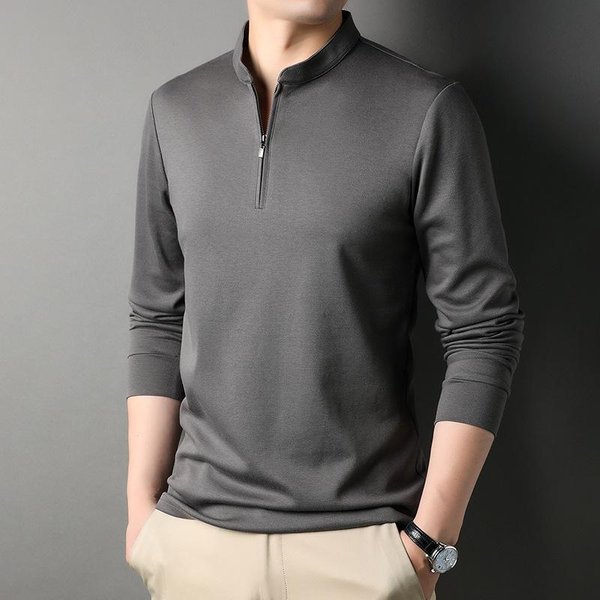 Camiseta De OtoñO Con Cremallera Y Cuello Alto Para Hombres JóVenes Y De Mediana Edad Casual Color SóLido AlgodóN Fino Manga Larga Camiseta Interior Sudadera De Hombre Xxxl Gray-image