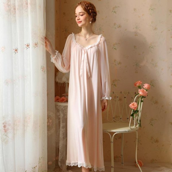 Pijama Largo Retro FrancéS Estilo Hada Para NiñAs CamisóN Dulce De Princesa Pijama Para Mujer CamisóN Largo Blanco Vestido De MañAna XL Color Rosa-image