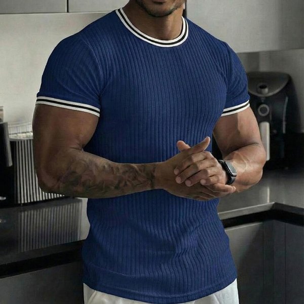 Camiseta De Manga Corta Para Hombre Con Cuello Redondo Acanalado Y Ribete De Contraste, Top Ajustado De Punto EláStico, Estilo BáSico Casual M Azul Oscuro-image